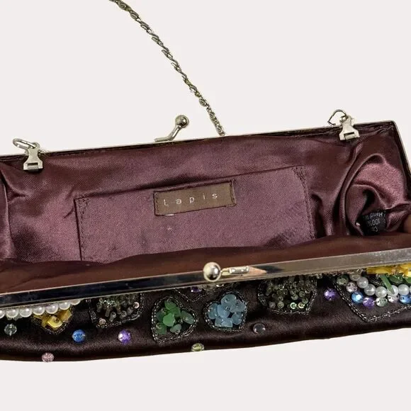 Lapis Beaded Satin Handbag Evening Mini Shoulder Bag Purse Chain Strap bv - Picture 7 of 8